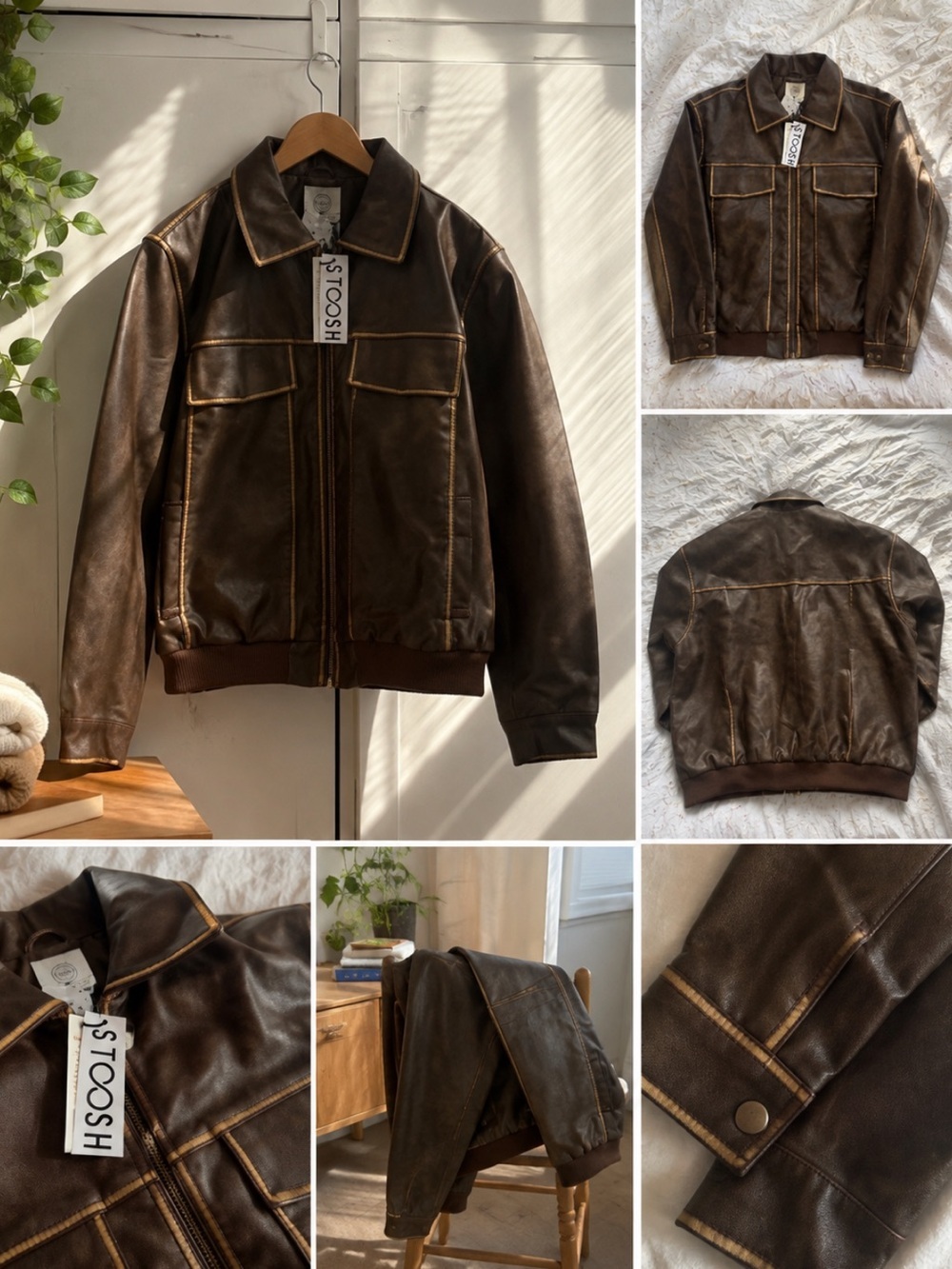 Stoosh Dark Brown Distressed Leather Bomber Jacket